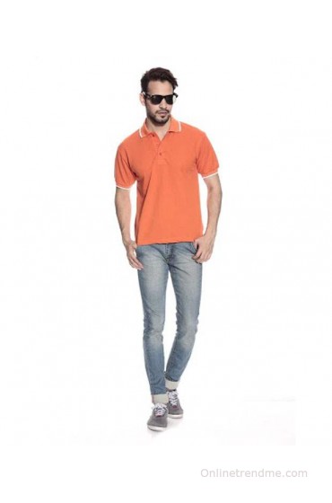 Leana Orange Cotton Color Blocks Half Sleeves Men Polo T-shirt